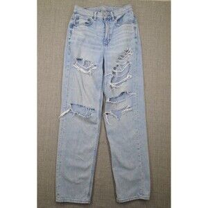 American Eagle Women's Baggy Jeans 26" Waist Distressed Light Blue Straight Leg